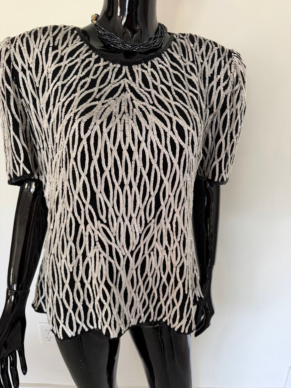 Vintage Steinar XL 100% Silk Hand Sequined Top Black Ivory Beaded Evening Blouse